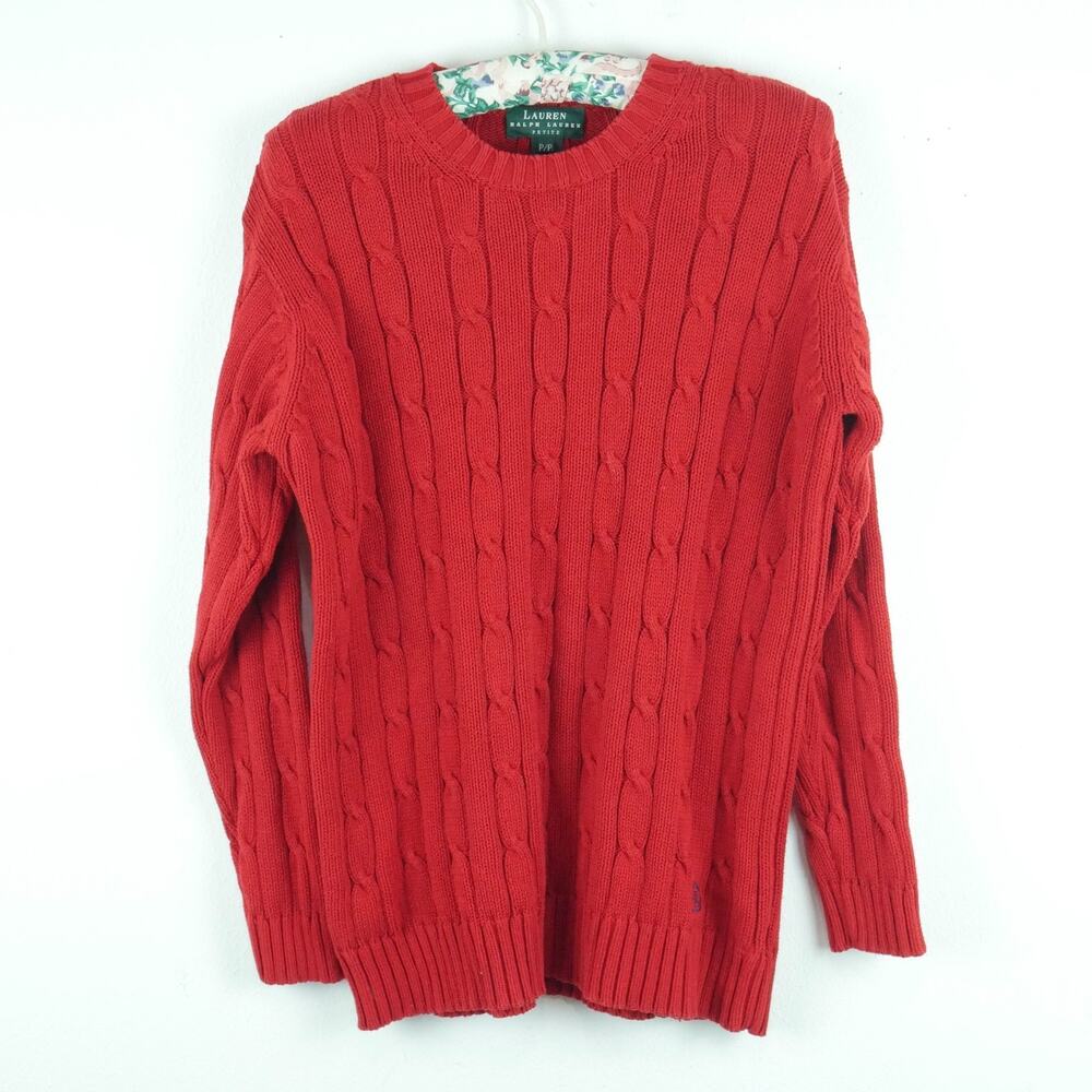 Vintage Ralph Lauren Petite P Sweater Red Cable Knit Embroidered Logo Preppy 90s